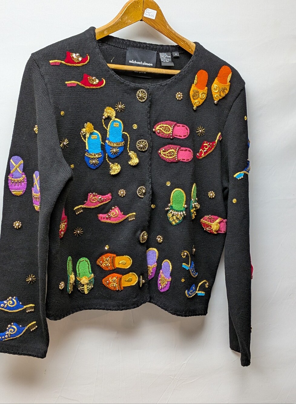 Michael Simon Black Cardigan With Embroidered Beaded And Felt Shoes